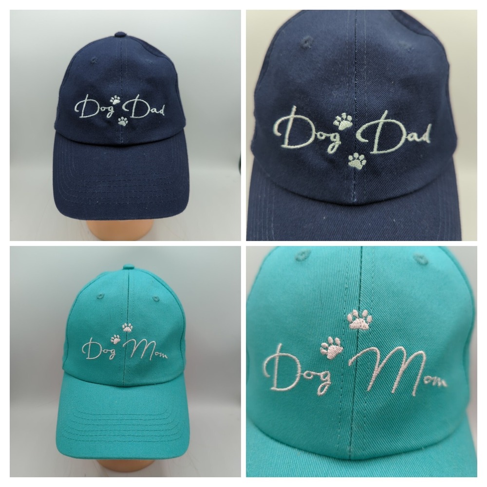 Lot of 2 Dog Mom & Dog Dad Baseball Hat Cap OSFA Teal Navy Blue Adjustable